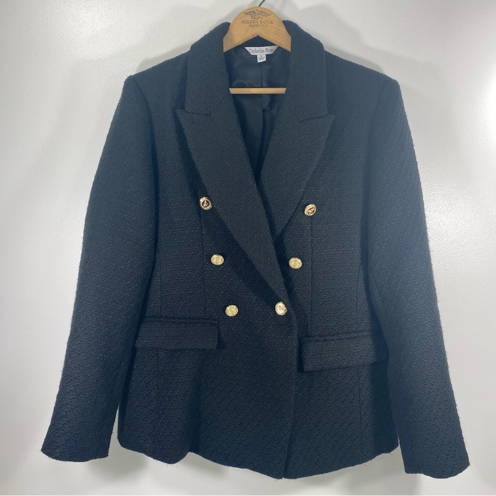 Ophelia Roe Classic Black Double-Breasted Boucle Tailored Blazer Suit Jacket L